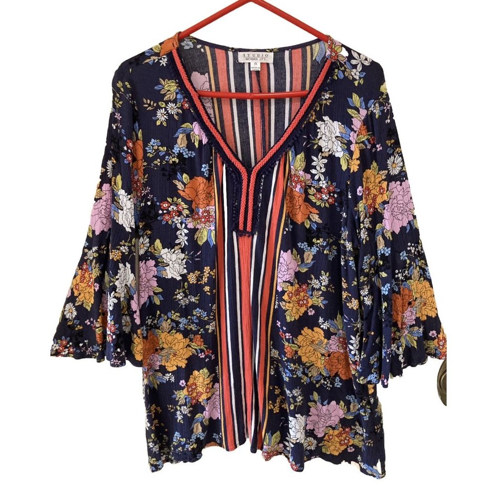 Studio Woman Size 1X Colorful Peasant Bohemian Boho Blouse Tunic Top Floral Blue